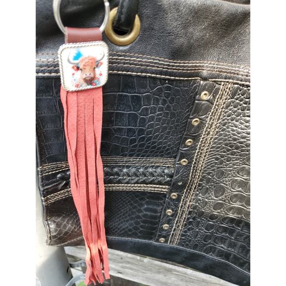 Handmade cow lover boho Leather Fringe Western bag charm, Long fringe keychain - Picture 2 of 6
